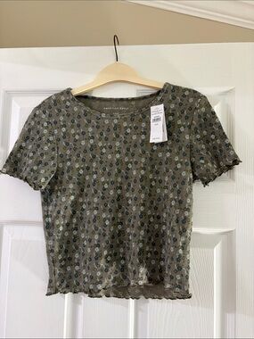 American Eagle Outfitters Olive Floral Ribbed Crop Top with Blue Accents